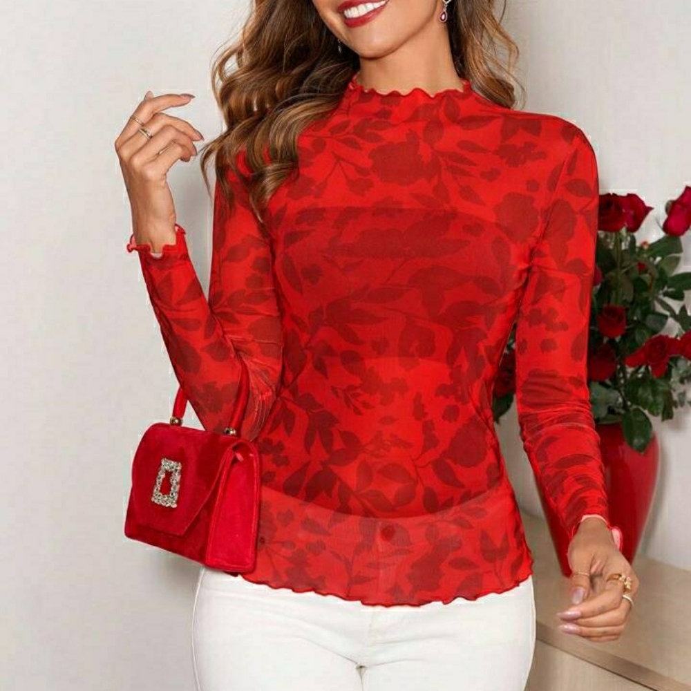 SHEIN Women's Floral Sheer Mesh Red Blouse
